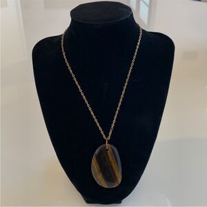 Vintage Large Statement Tigers Eye GemStone Pendant Boho Layering Necklace